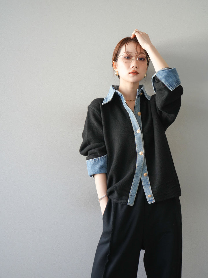 [予約]デニム襟ボタンニットカーディガン/black