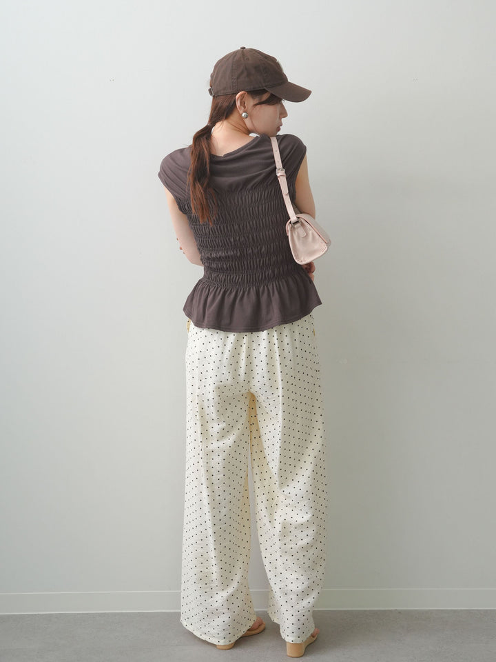 [SET]フレンチスリーブシャーリングトップス+ドットワイドイージーパンツ(2set)
