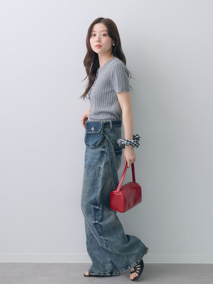 [SET]ヘンリーケーブルハーフニットトップス+マルチポーチ付立体カーブデニム(2set)