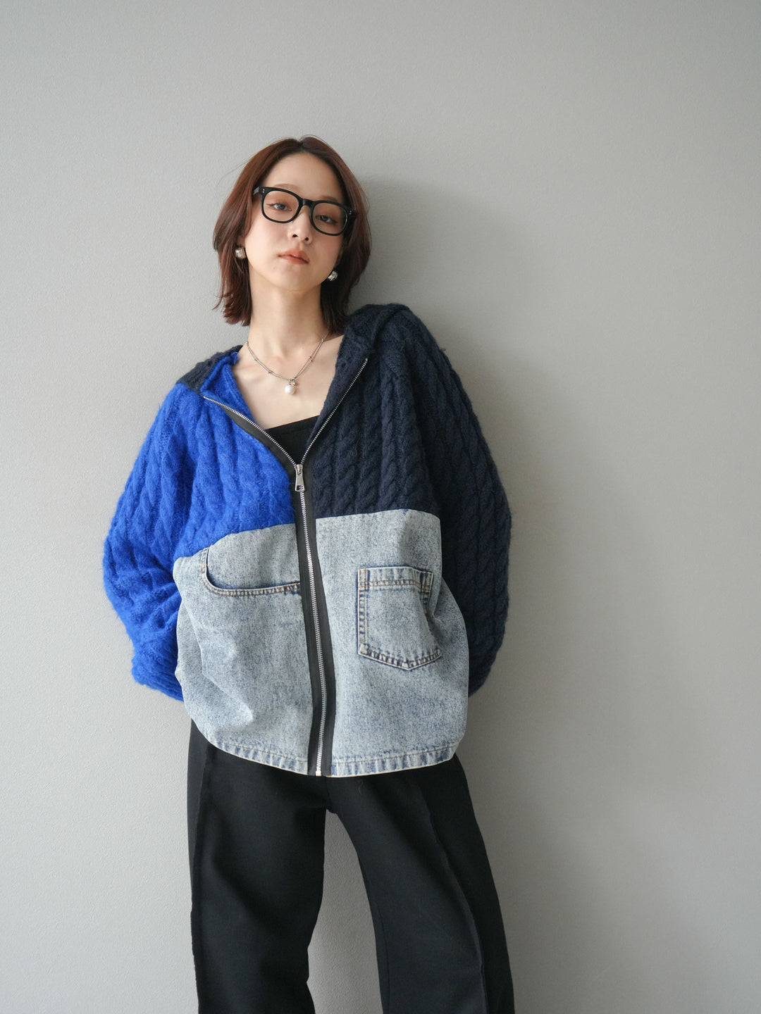 [予約]デニム×バイカラーニットZIPフーディ/blue