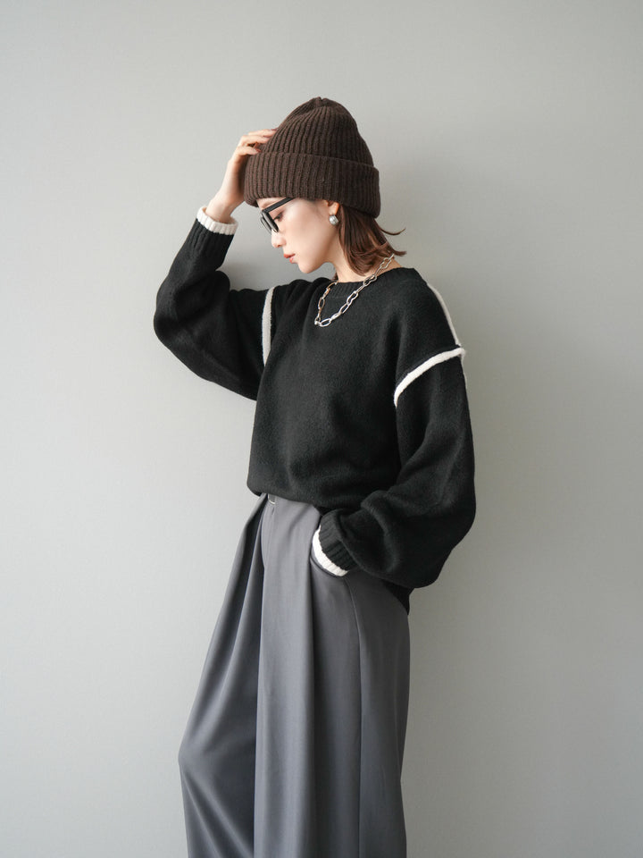 [予約]バイカラーパイピングニットプルオーバー/black
