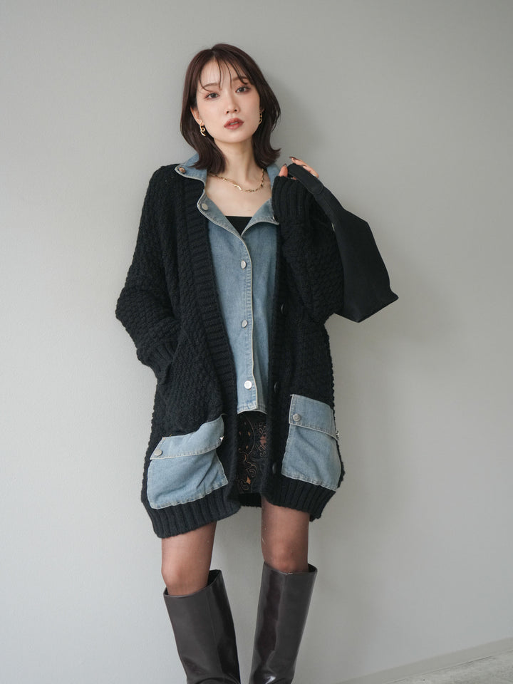 [SET]デニム襟レイヤードニットジャケット+デニム襟レイヤードニットジャケット(2set)