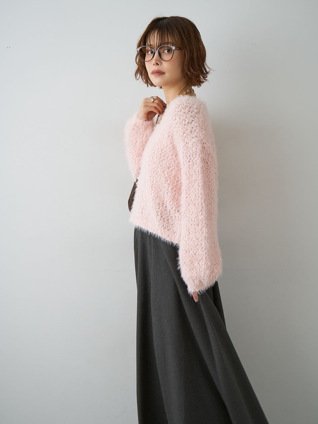 [SET]スパンラメシャギーVネックニットトップス+ドラマティックフレアスカート(2set)