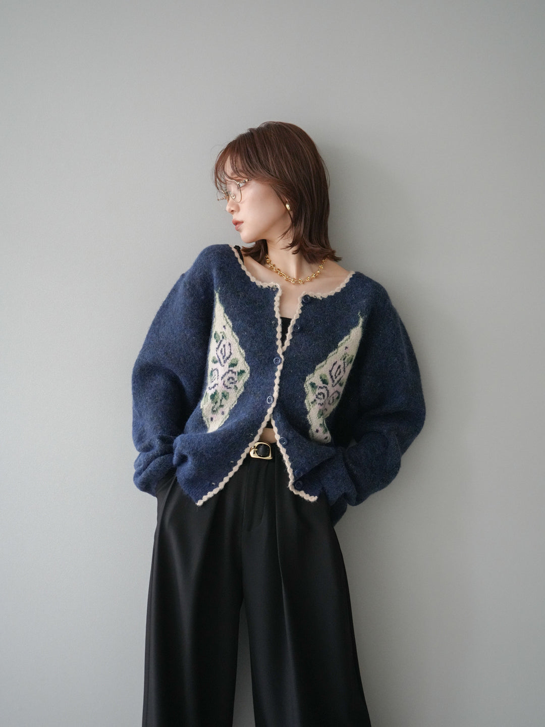 [予約]アンティークフラワージャガードニットカーディガン/navy