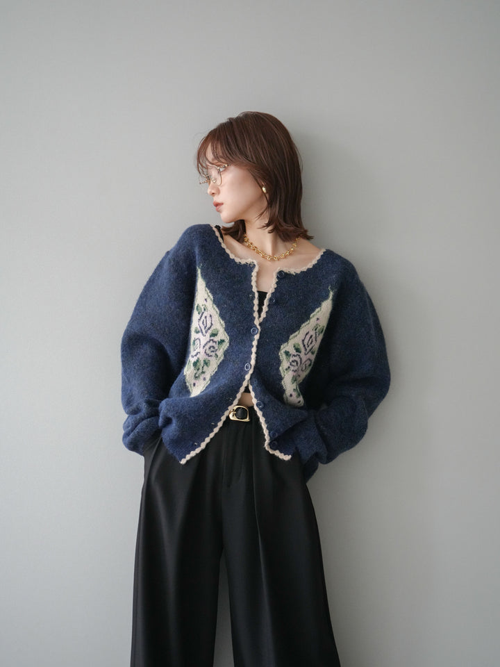 [予約]アンティークフラワージャガードニットカーディガン/navy