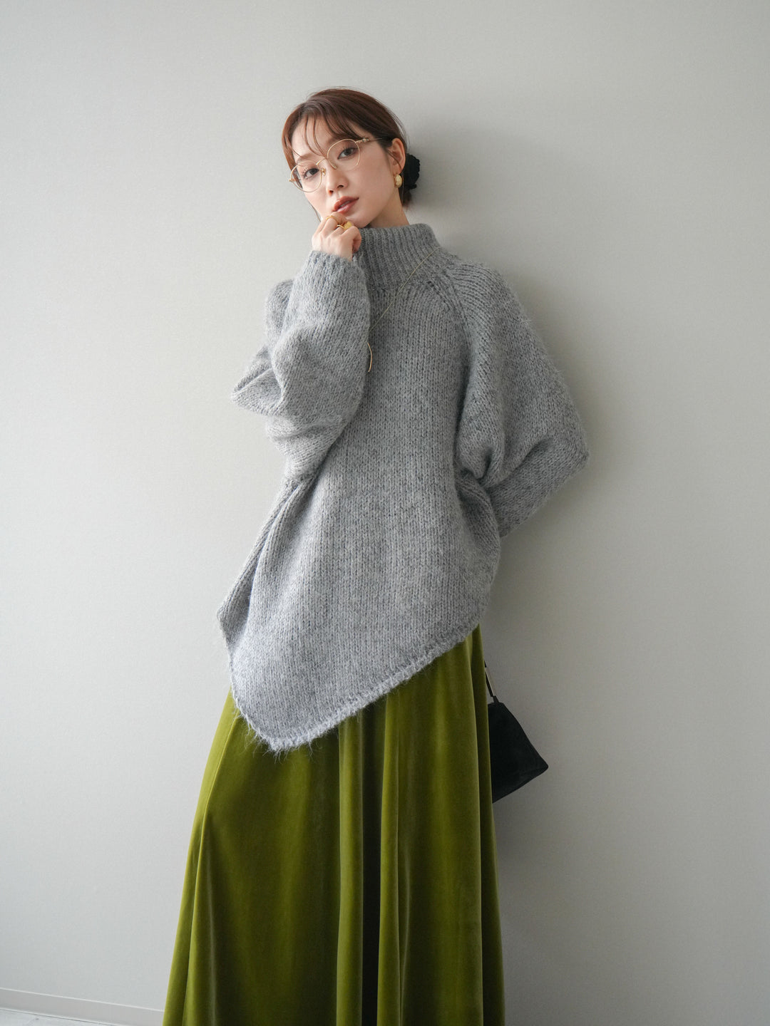 [予約]アシンメトリーハイネックニットプルオーバー/gray