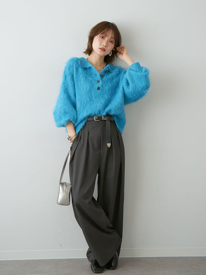 [SET]ヘンリーシャギーニットトップス+ツイルタックワイドパンツ(2set)