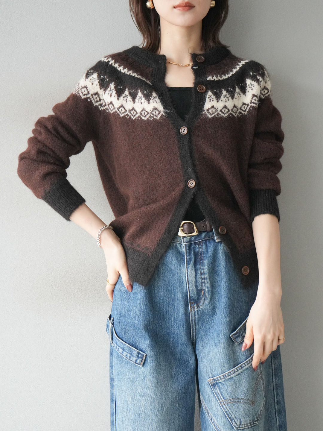 [SET]ノルディック柄ニットカーディガン+ペインターカーブデニムパンツ(2set)