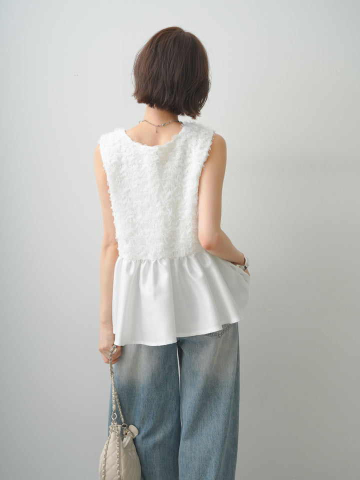 [SET]ジャガード×サテンペプラムフレアノースリトップス+選べるアクセセット(2set)