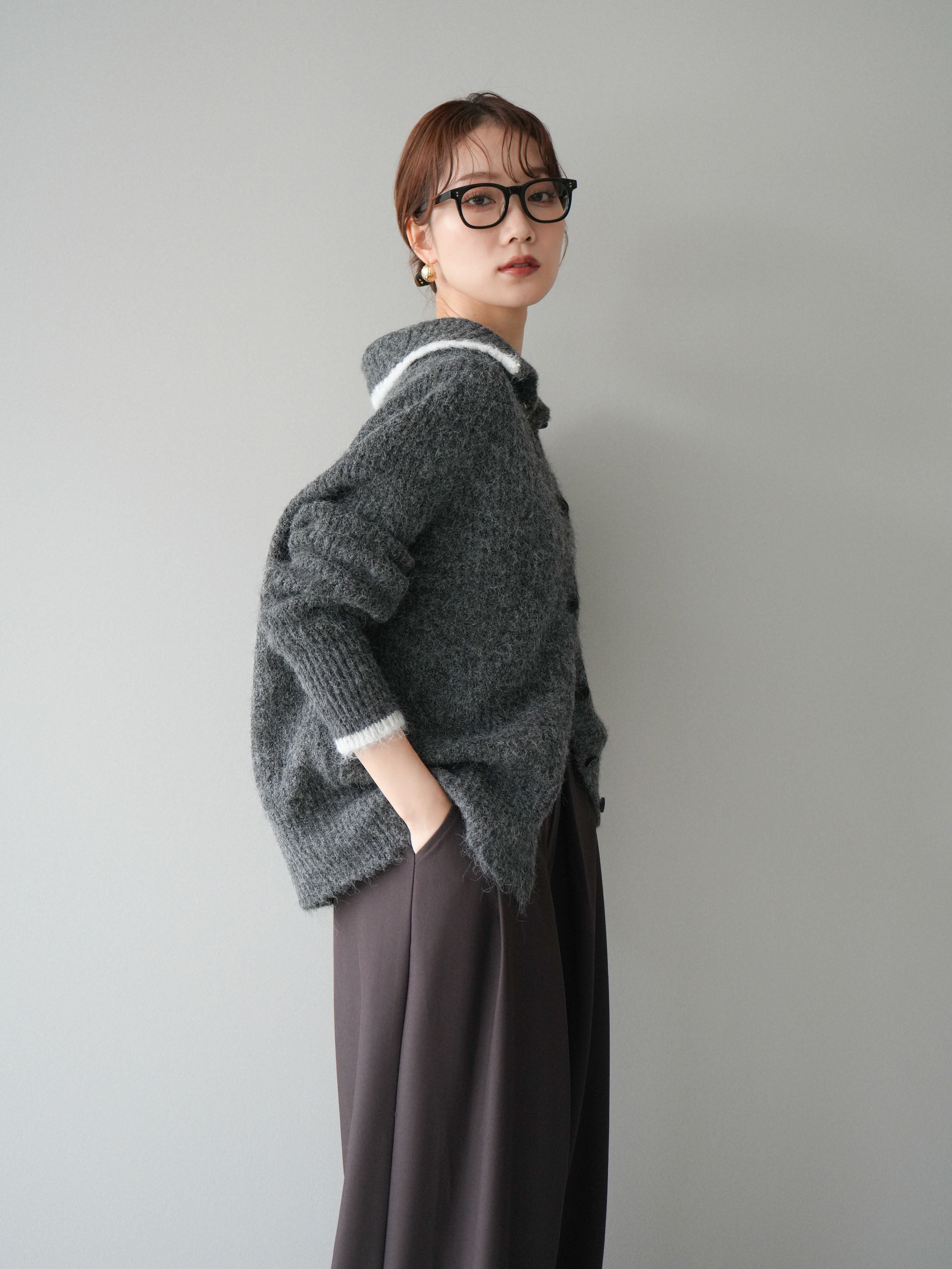 予約]襟付きバイカラーミックスニットカーディガン/gray – Lumier