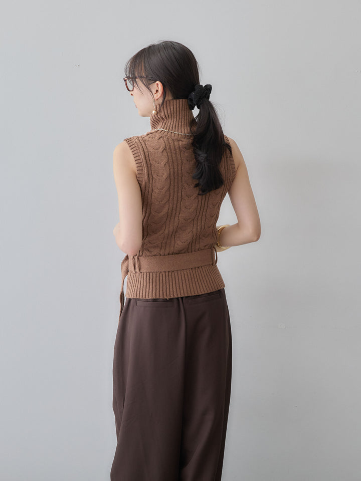[SET]ベルト付ケーブルノースリニットトップス+ツイルタックコクーンパンツ(2set)