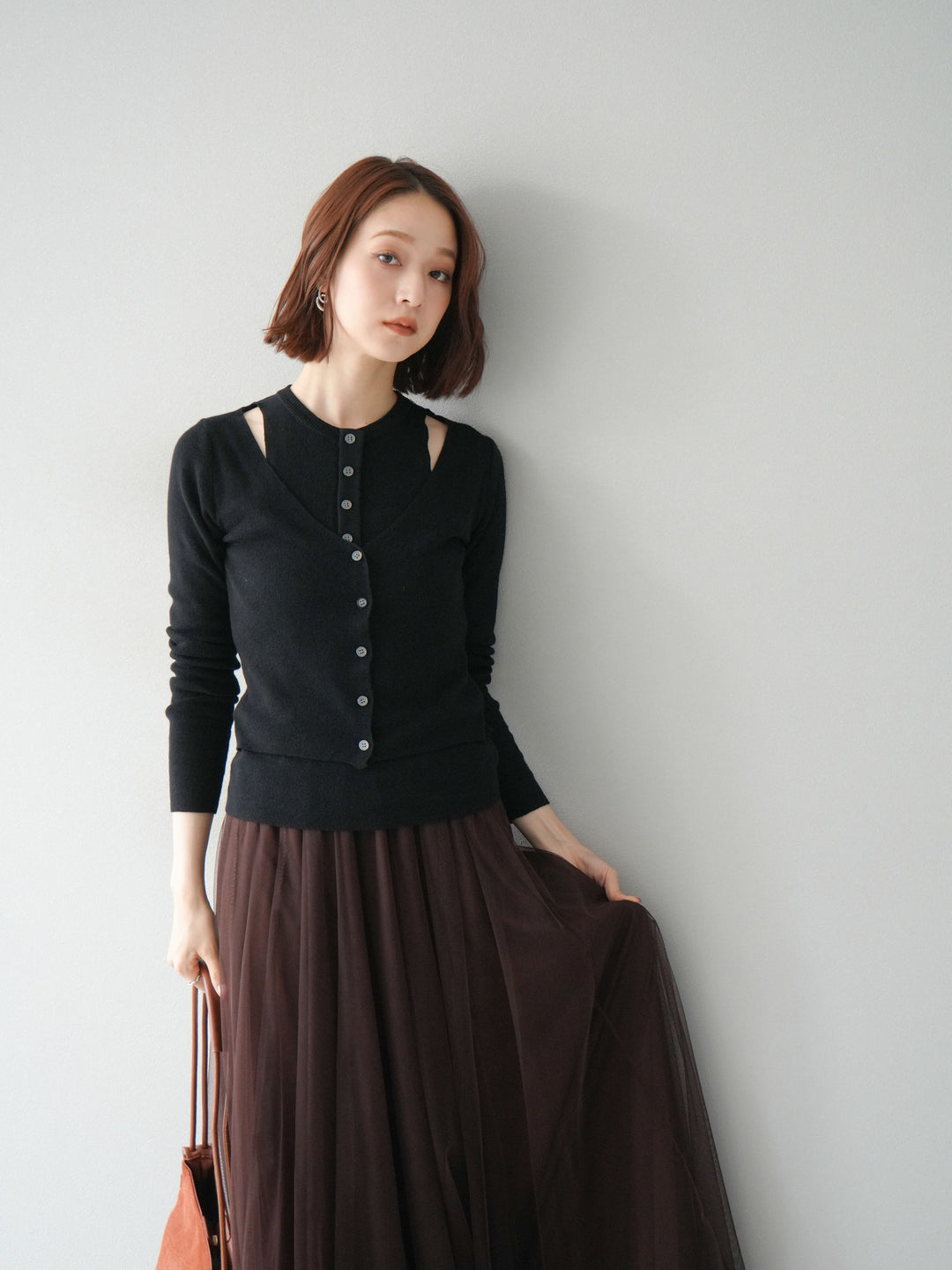 [予約]レイヤードデザインニットカーディガン/ブラック