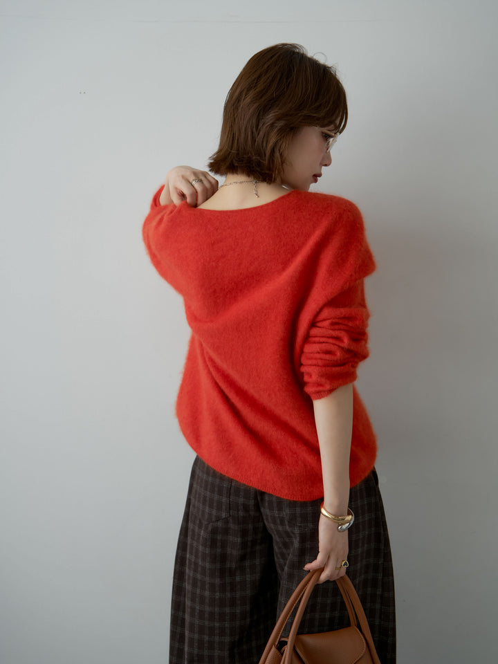 [SET]カシミア混フェザータッチVネックニットトップス+チェックサイドベルトデザインタックパンツ(2set)