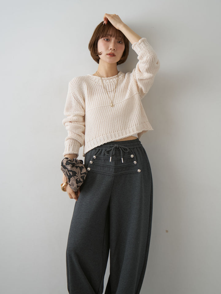 [SET]シームデザインクロップニットトップス+ナポレオンドロストスウェットパンツ(2set)