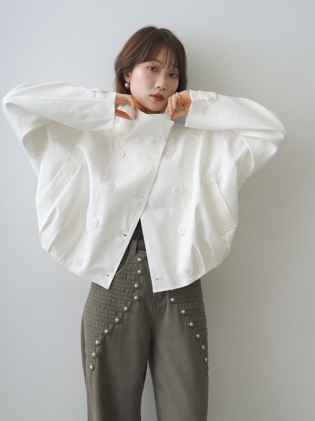[SET]コクーンショートトレンチ+ダブルストラップカップ付キャミソール+ナポレオンワイドストレートパンツ(3set)
