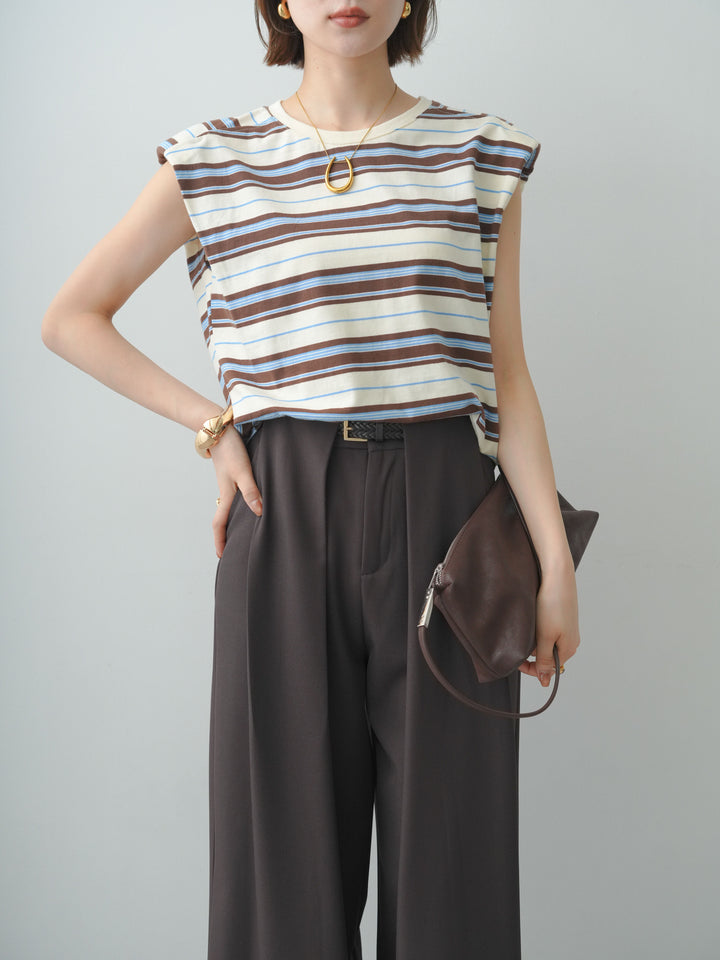 [SET]ショルダーパッドフレンチTEE+ベルトループデザインワイドパンツ(2set)