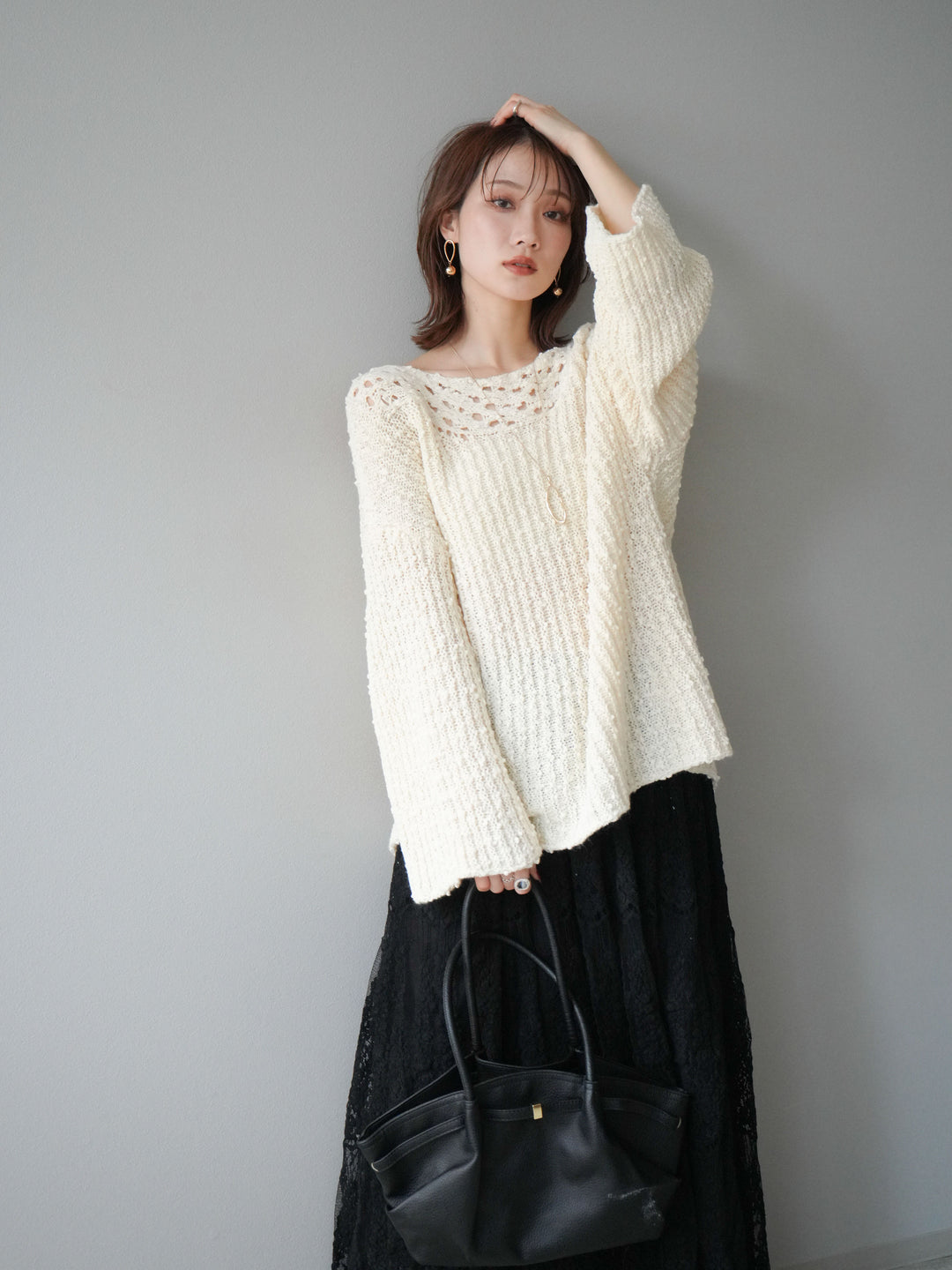 [予約]ボートネック透かし編みニットプルオーバー/white