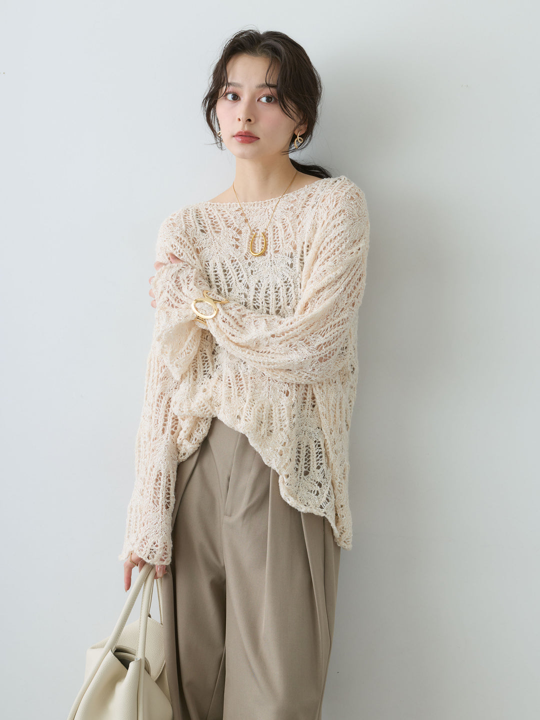 [SET]ミックスループ透かし編みニットトップス+ツイルタックワイドパンツ(2set)