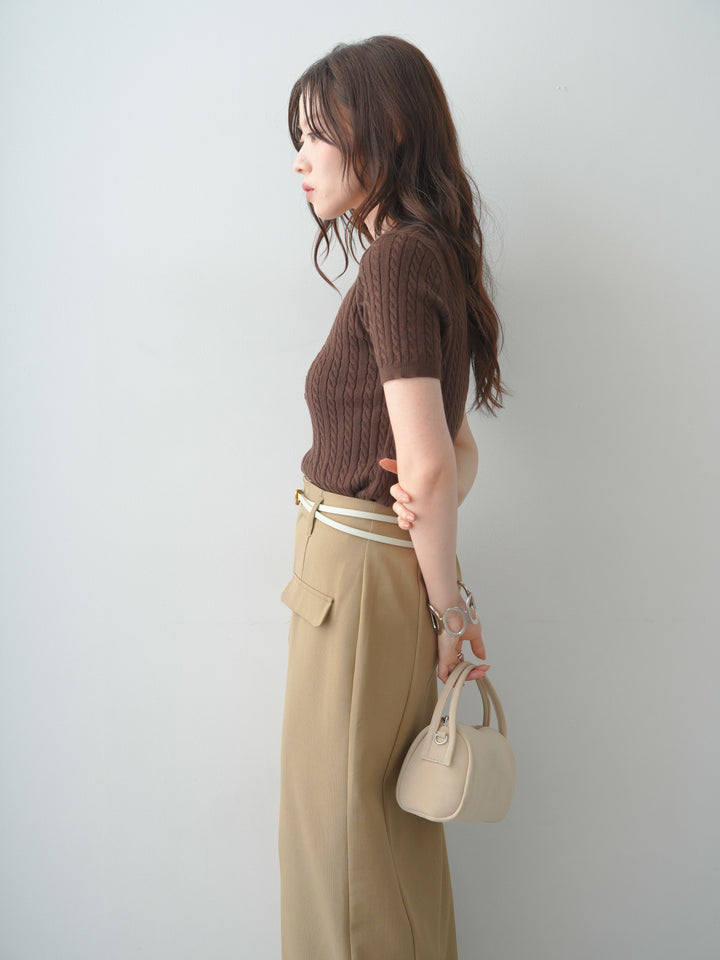 [予約]ヘンリーケーブルハーフニットトップス/brown