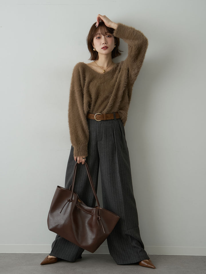 [SET]バックリボンVネックシャギーニットトップス+ピンストライプタックワイドパンツ(2set)