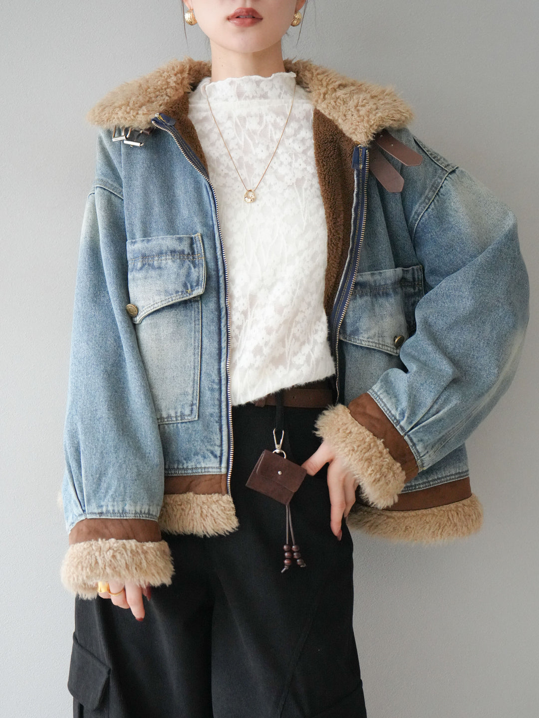 [予約]スタンドカラーファー×デニムジャケット/lightblue