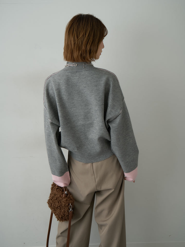 [予約]バイカラートリムワイドハイネックニットトップス/mokugray