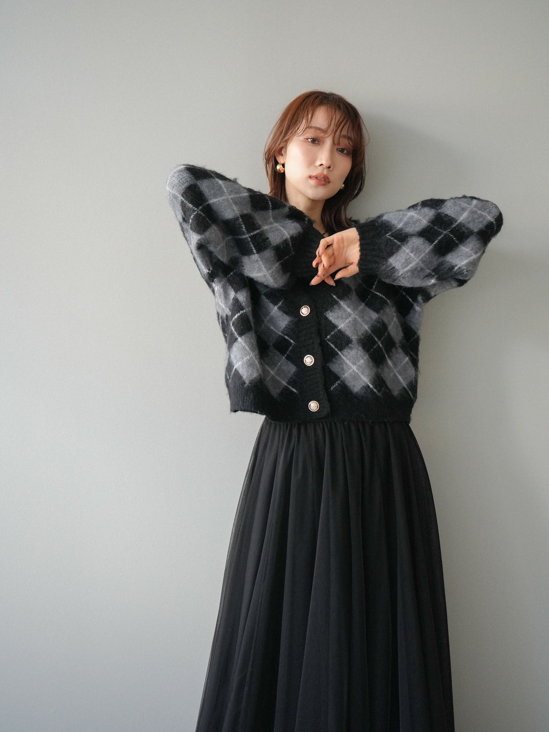 [予約]アーガイルシャギーニットカーディガン/gray