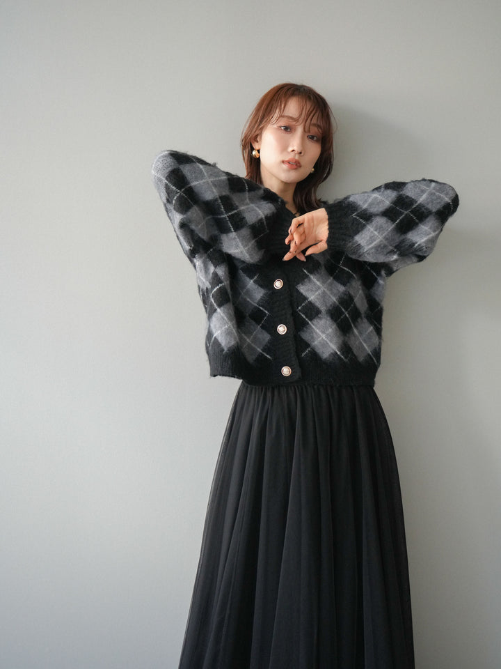 [予約]アーガイルシャギーニットカーディガン/gray