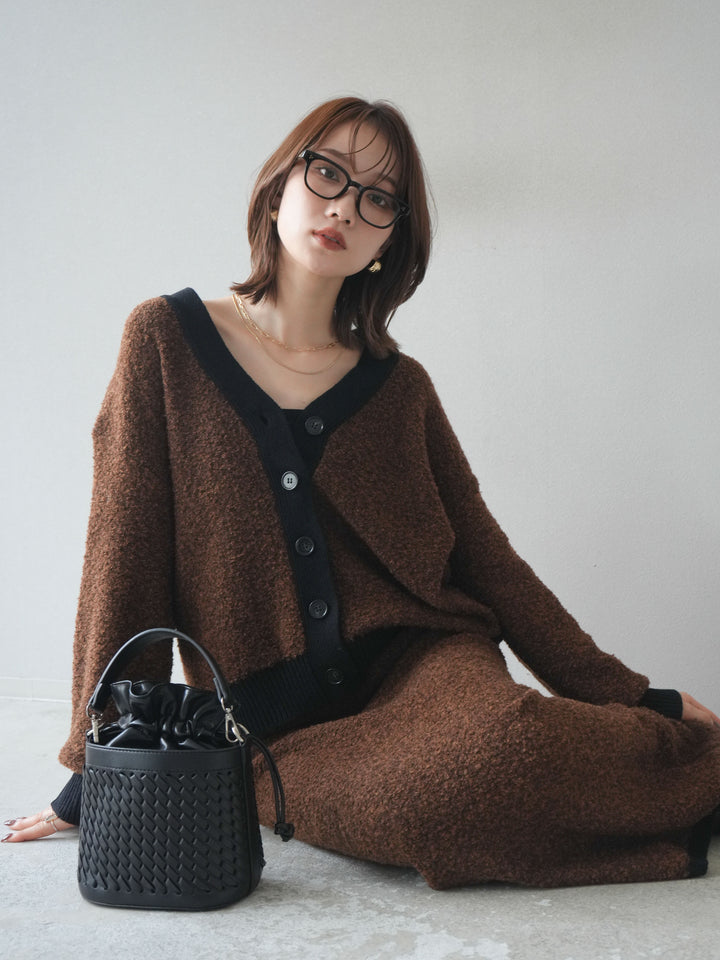 [SET]ブークレバイカラーニットカーディガン+ブークレバイカラータイトニットスカート(2set)