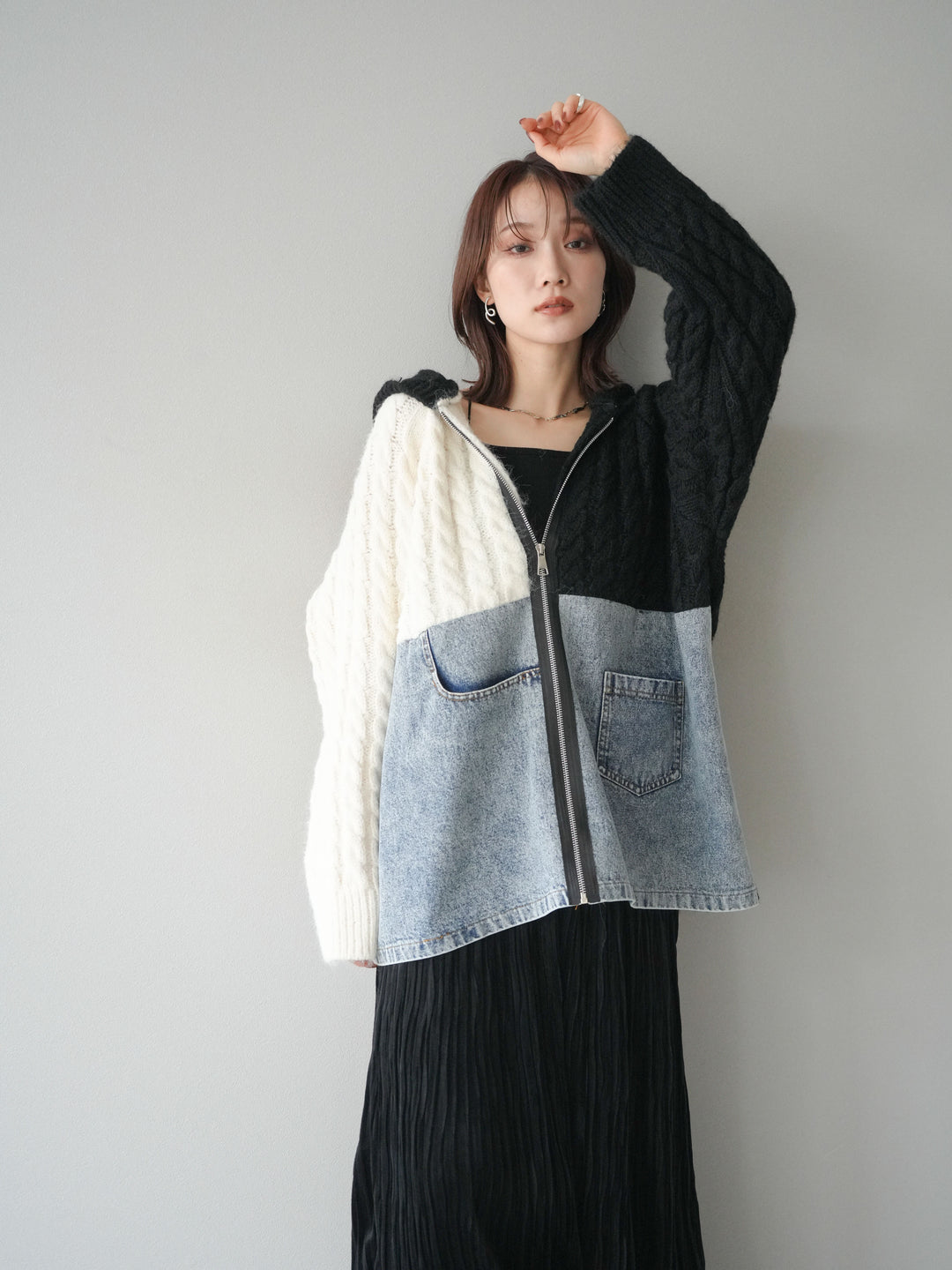 [予約]デニム×バイカラーニットZIPフーディ/black