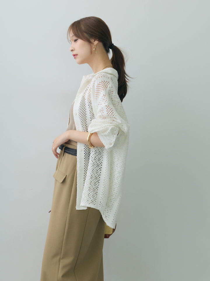 【套裝】鏤空鉤編蕾絲襯衫+內置胸罩羅紋抹胸吊帶背心+縐紗直筒翻領半身裙（三件套）
