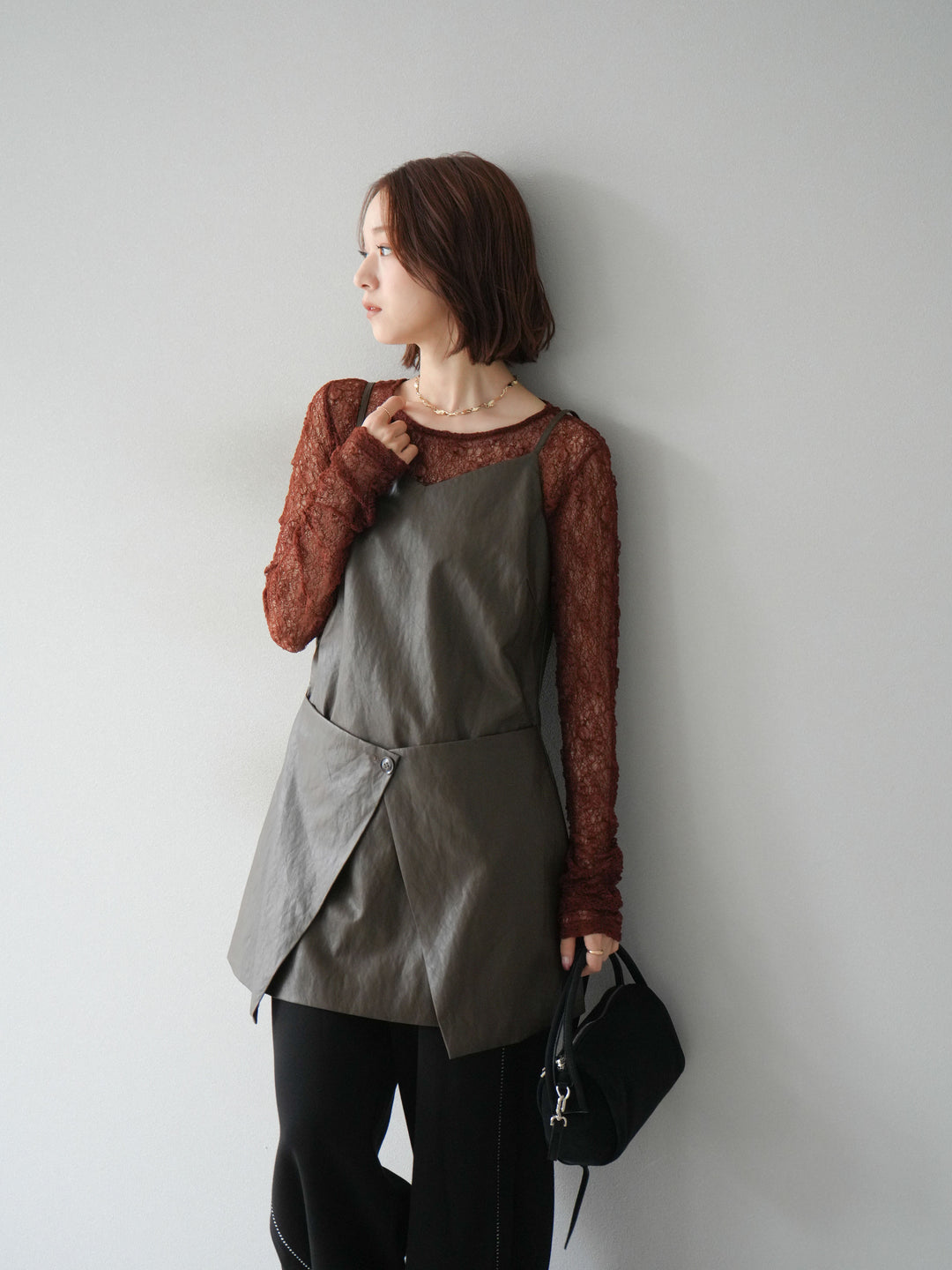 [予約]レイヤードレザーキャミソールチュニック/ブラウン