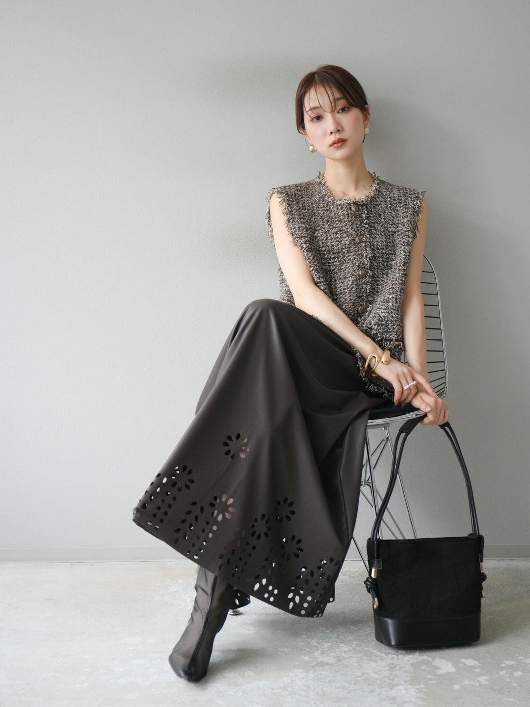 [予約]ミックスツイードフリンジニットベスト/ブラウン