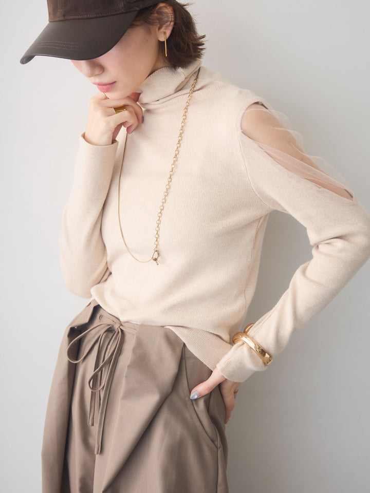 [予約]ショルダーチュールハイネックニットトップス/beige
