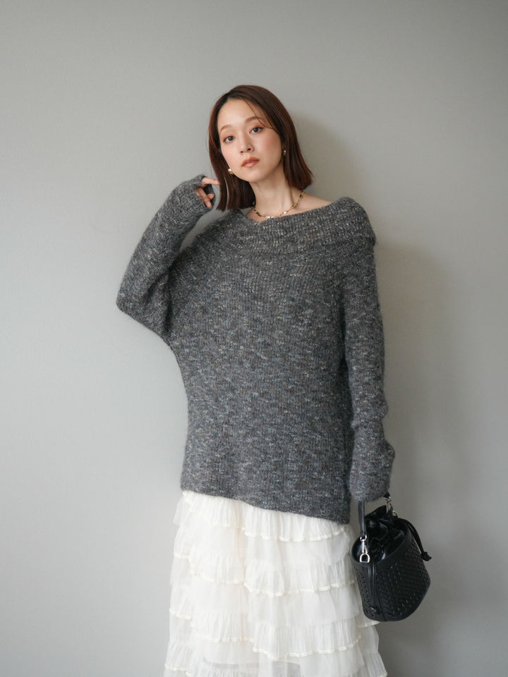 [予約]ミックスヤーンオフショルルーズニットプルオーバー/グレー