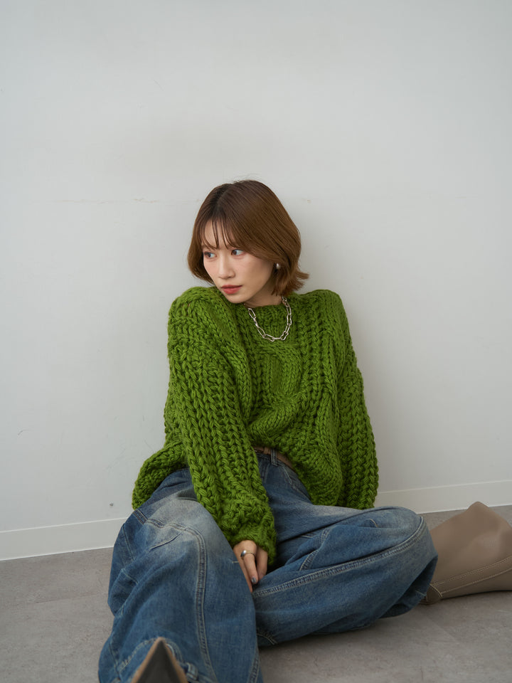 [SET]ボリュームケーブルニットプルオーバー+ヘムデザインワイドデニムパンツ(2set)