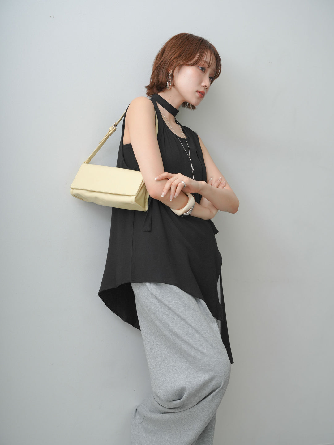 [SET]タイ付アシメヘムノースリトップス+リラックスドレープスウェットパンツ(2set)