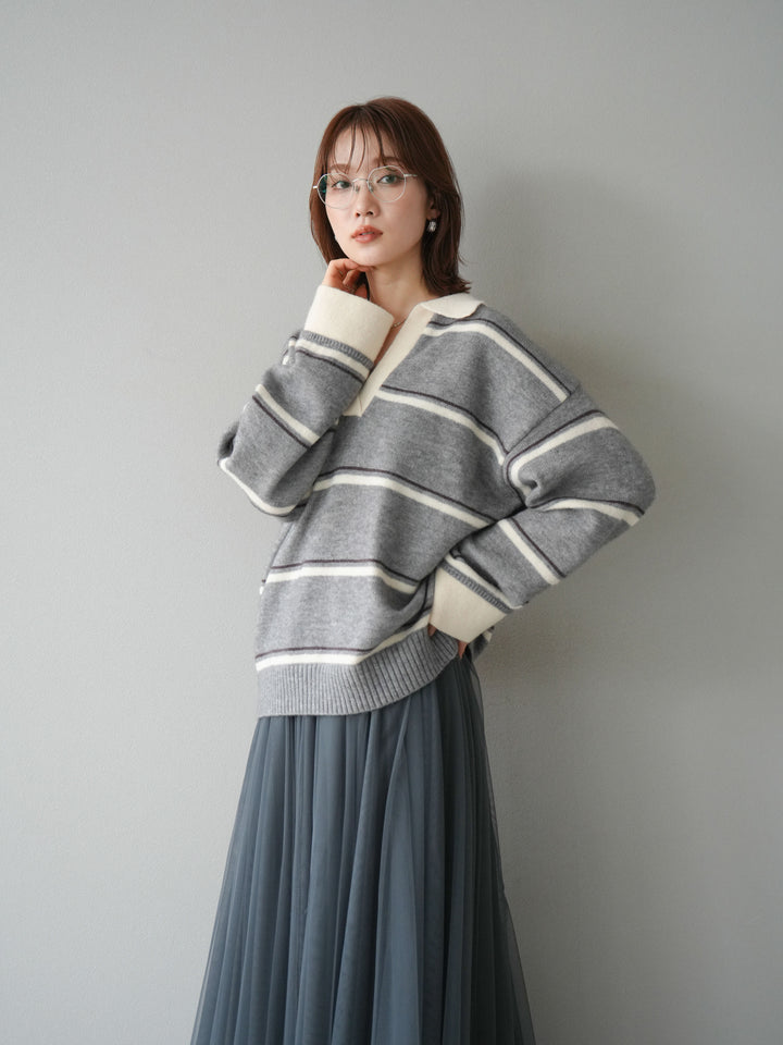 [SET]ポロ襟スキッパーボーダーニットプルオーバー+チュールボリュームスカート(2set)