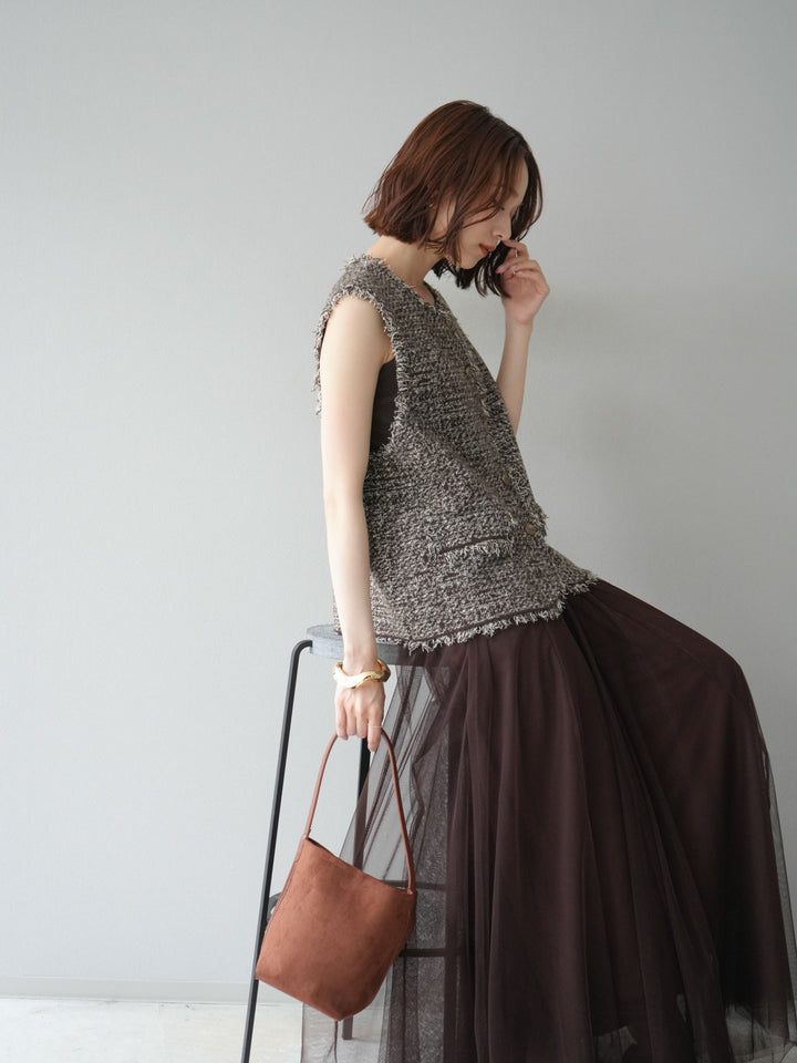 [予約]ミックスツイードフリンジニットベスト/ブラウン