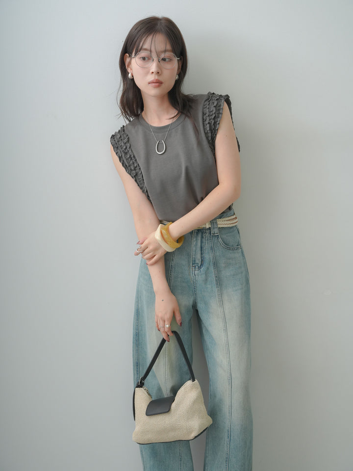 [SET]ホイップフリルフレンチTEE+センターラインワイドストレートデニム(2set)
