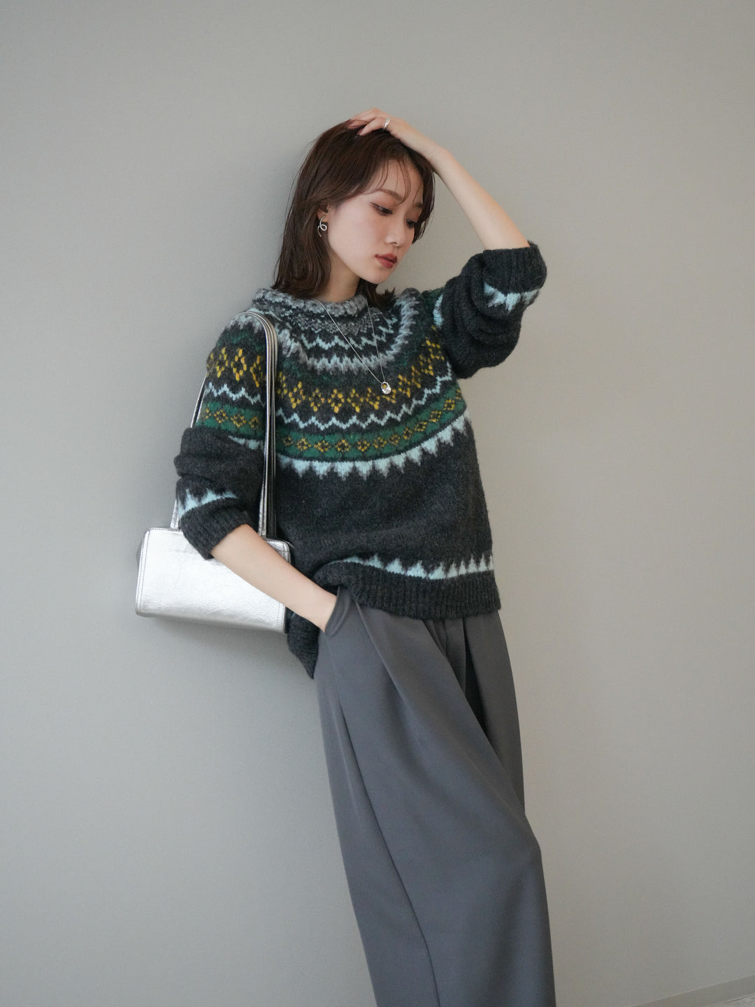 [予約]ウールタッチ求心柄オーバーニットプルオーバー/gray