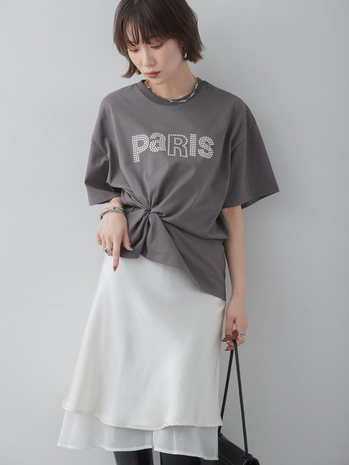[SET]スタッズロゴTEE+サテンシフォンレイヤードスカート(2set)