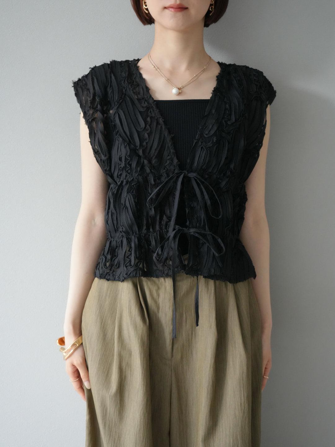 [予約]ジャガードレースリボントップス/ブラック