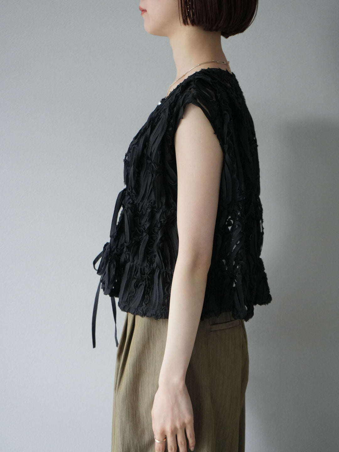 [予約]ジャガードレースリボントップス/ブラック
