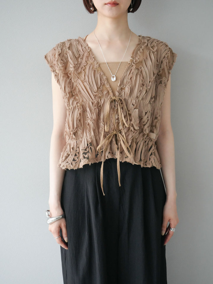 [予約]ジャガードレースリボントップス/ベージュ