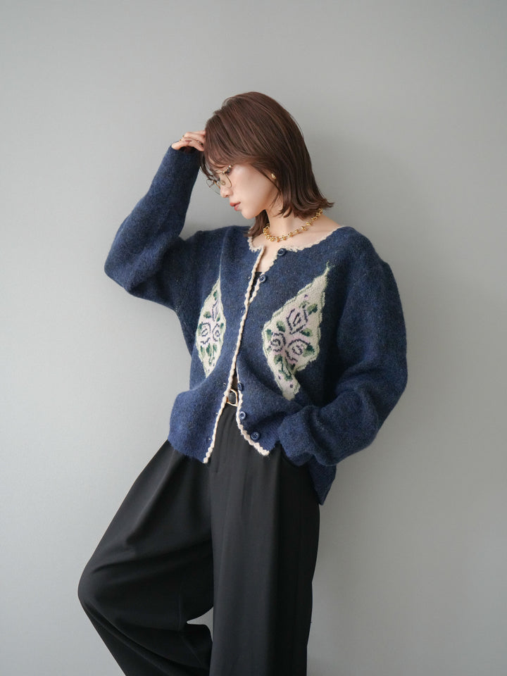 [予約]アンティークフラワージャガードニットカーディガン/navy
