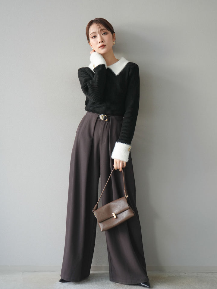 [SET]シャギー襟リブニットトップス+ベルトループデザインワイドパンツ(2set)