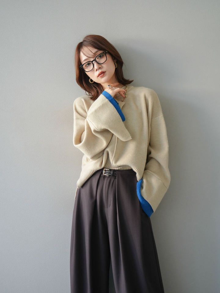 [予約]袖レイヤード配色ニットプルオーバー/ivory