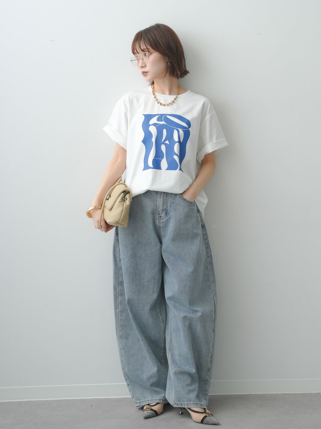 [SET]クールタッチアートロゴオーバーTEE+ニュアンスウォッシュカーブデニム(2set)
