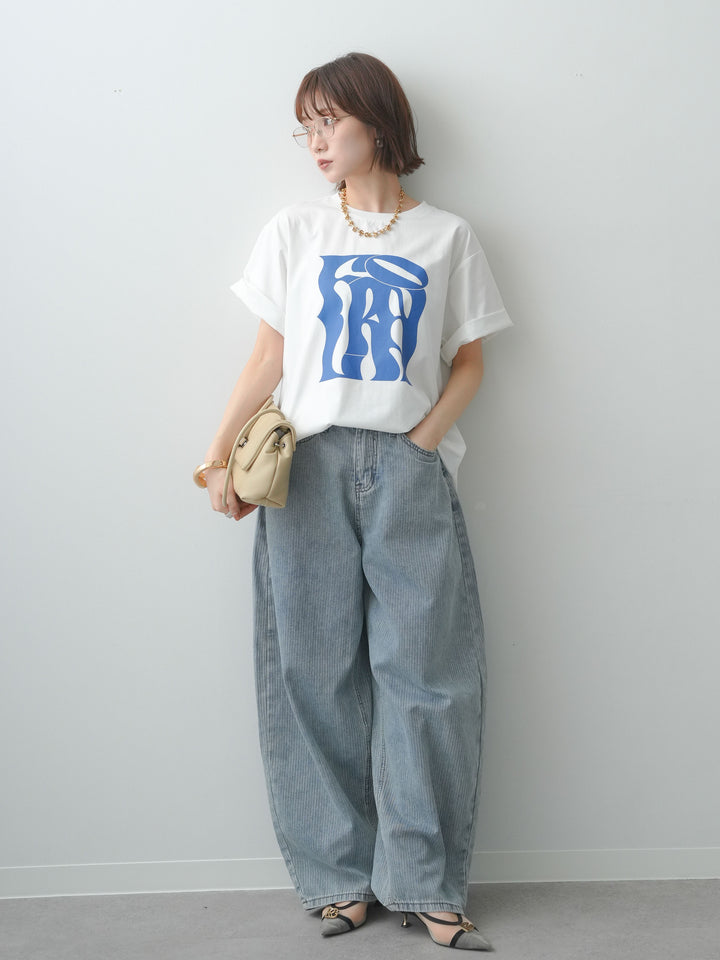 [SET]クールタッチアートロゴオーバーTEE+ニュアンスウォッシュカーブデニム(2set)